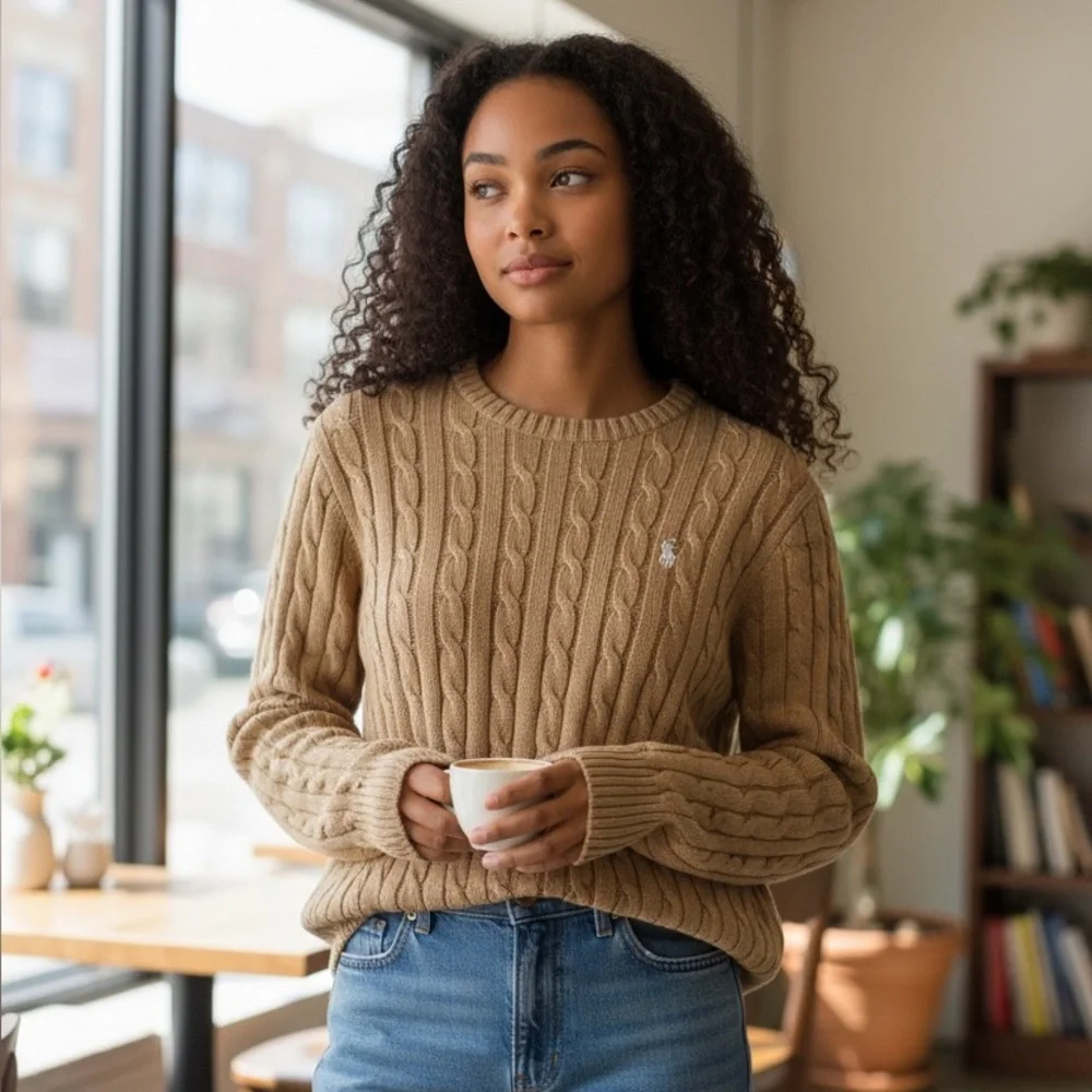 Polo Ralph Lauren Cable Knit Sweater Tan Beige Classic Preppy Cotton, Small - Picture 6 of 6